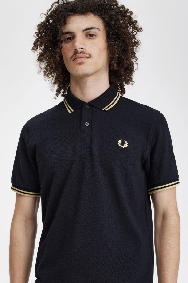 Black / Champagne / Champagne Fred Perry Shanghai M12 Men's Polo Shirts | YSGGT65590