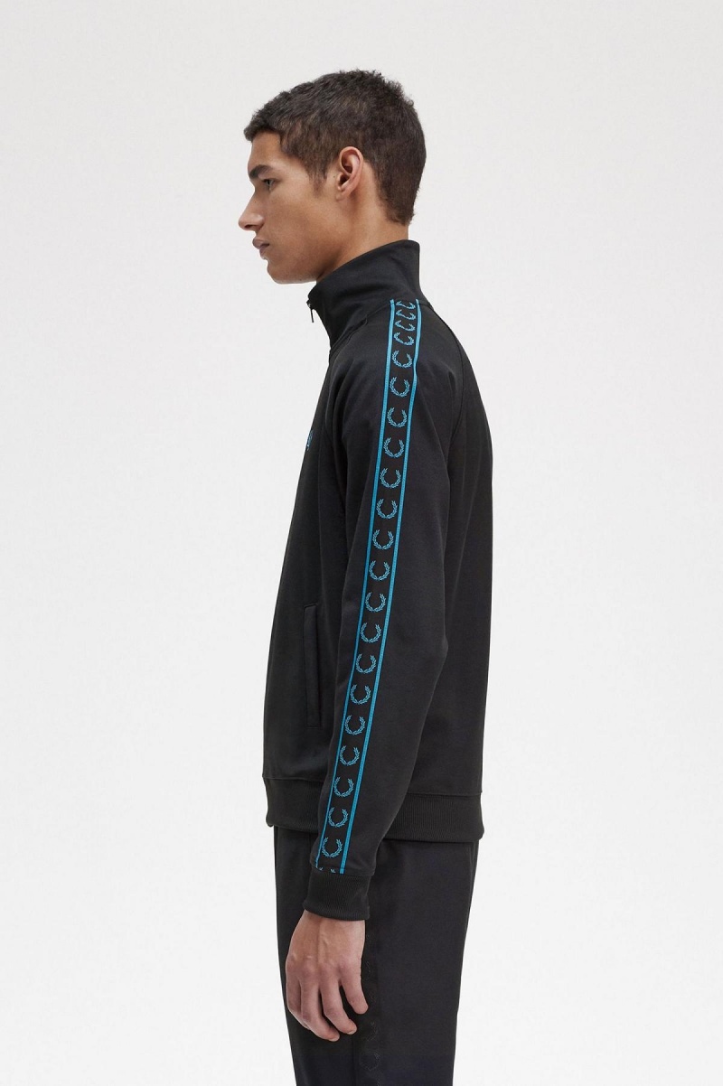 Black / Cyber Blue Fred Perry Contrast Tape Men's Track Jackets | FSGUI27209