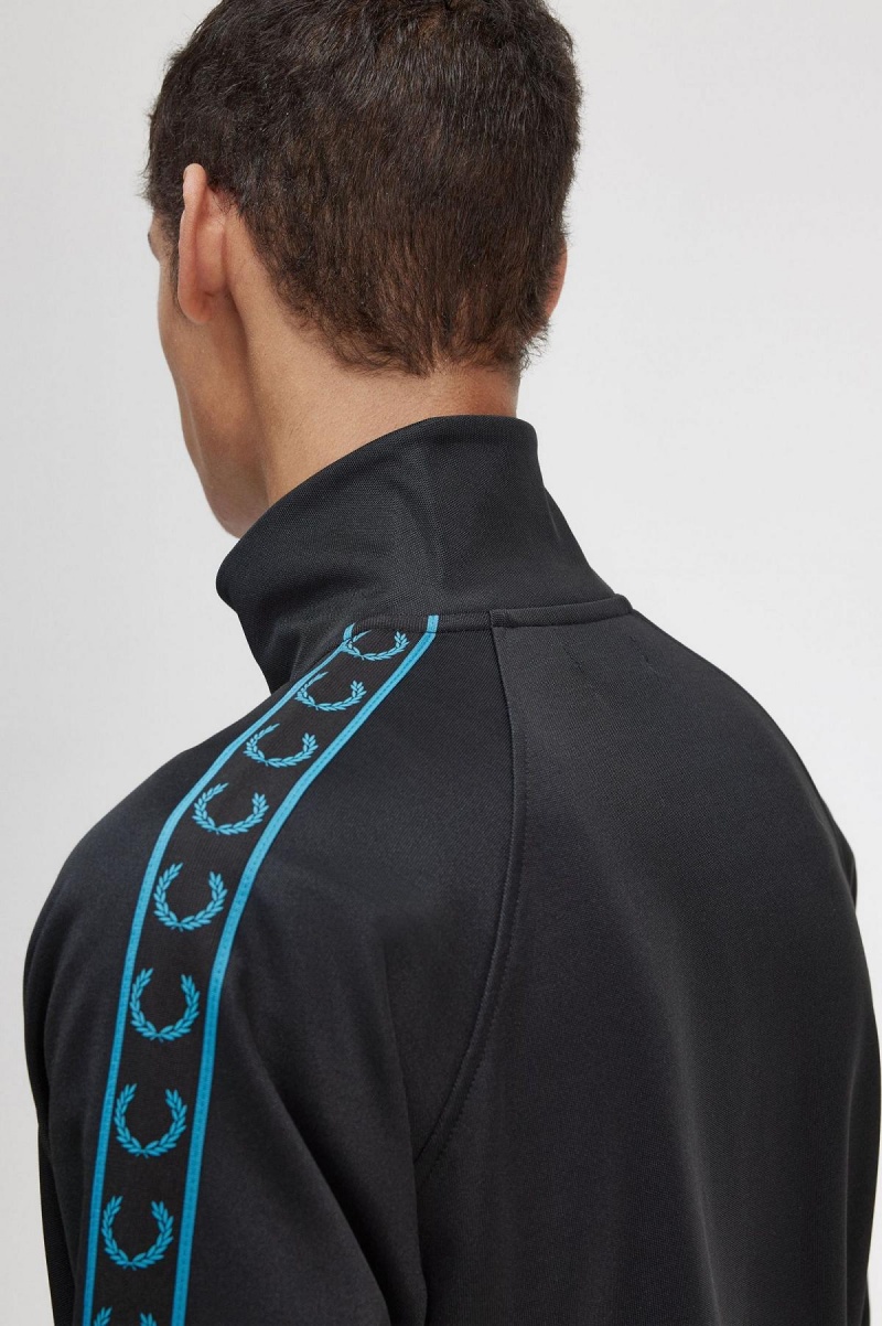 Black / Cyber Blue Fred Perry Contrast Tape Men's Track Jackets | FSGUI27209