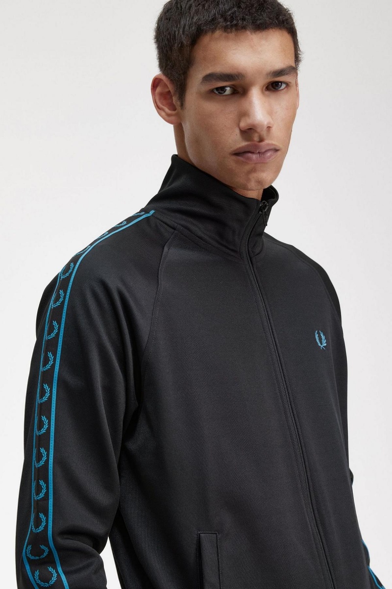 Black / Cyber Blue Fred Perry Contrast Tape Men's Track Jackets | FSGUI27209