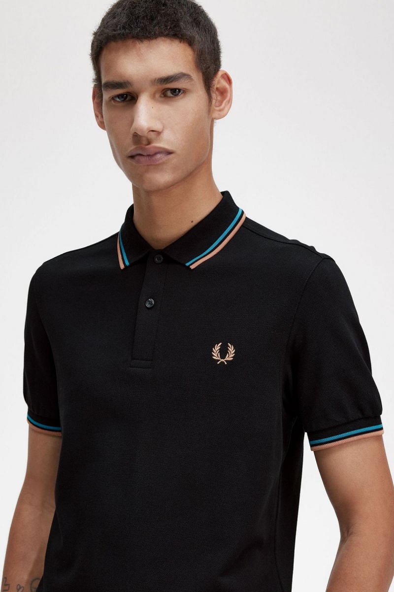 Black / Cyber Blue / Light Rust Fred Perry M3600 Men's Polo Shirts | ASGWC67943