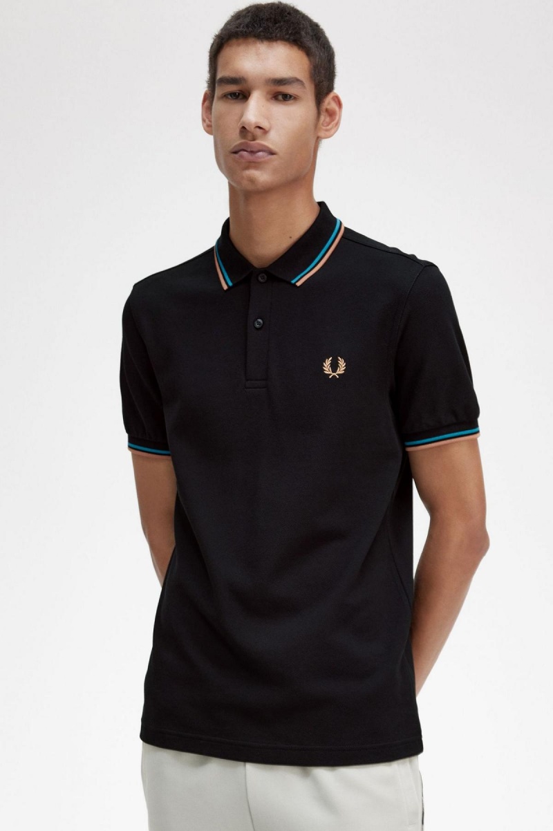 Black / Cyber Blue / Light Rust Fred Perry M3600 Men's Polo Shirts | ASGWC67943