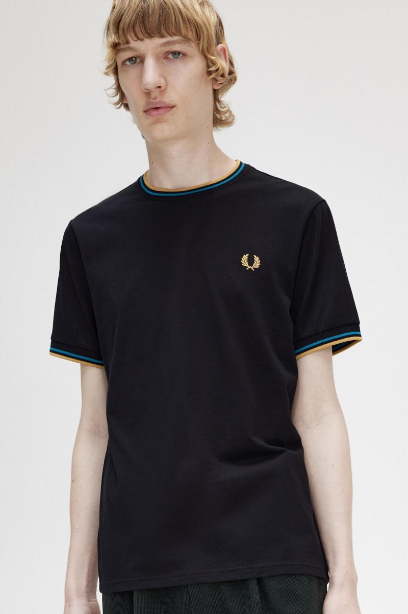 Black / Cyber Blue / Light Rust Fred Perry Twin Tipped Men's T Shirts | XSGGW49659