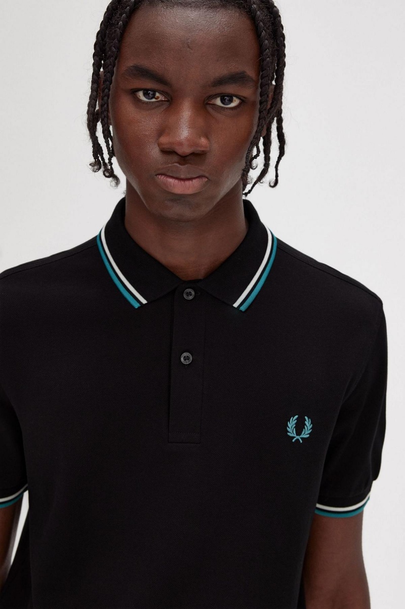 Black / Ecru / Deep Mint Fred Perry M3600 Men's Polo Shirts | SGZDE75757