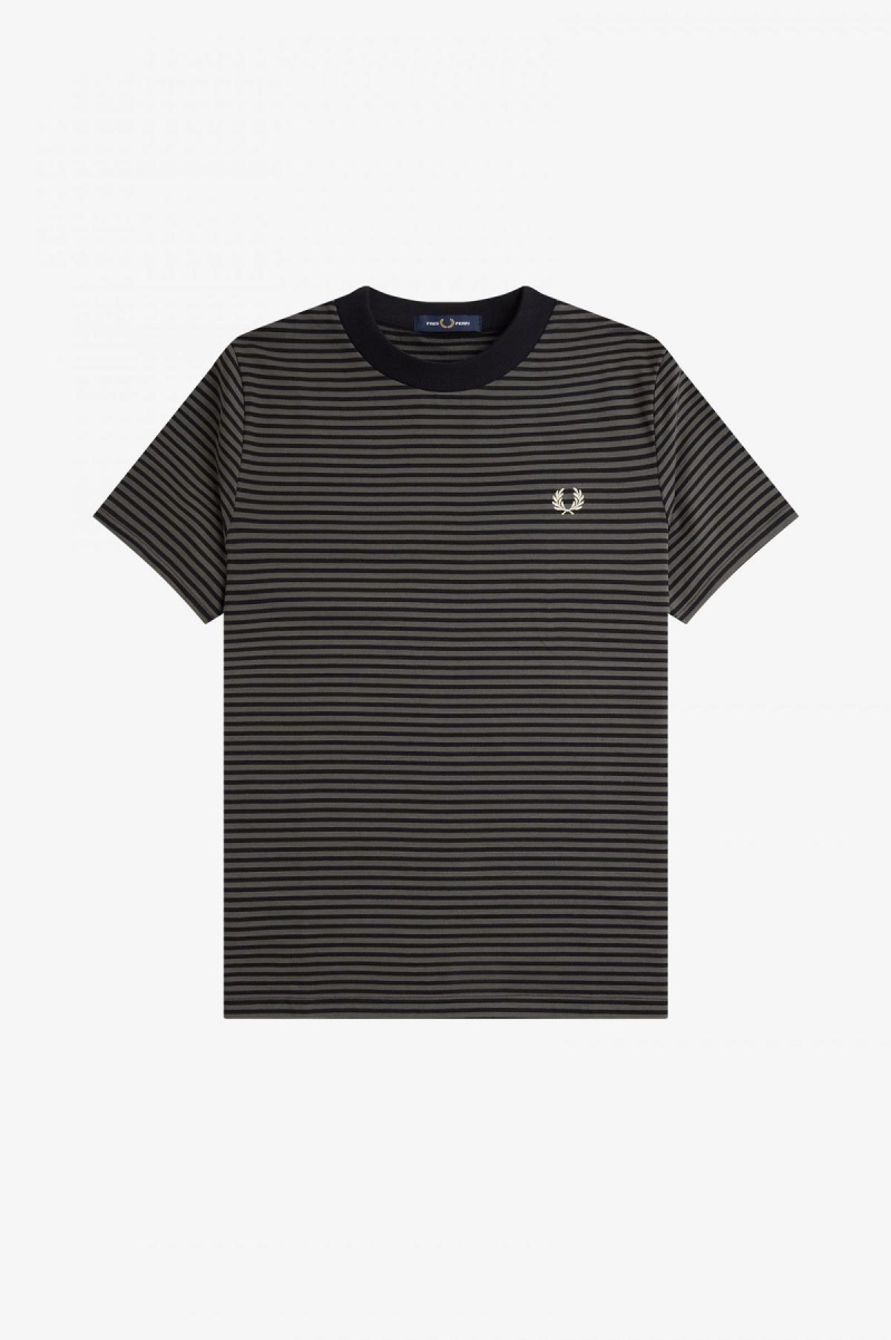 Black / Field Green Fred Perry Fine Stripe Heavyweight Men's T Shirts | SGJKU68355