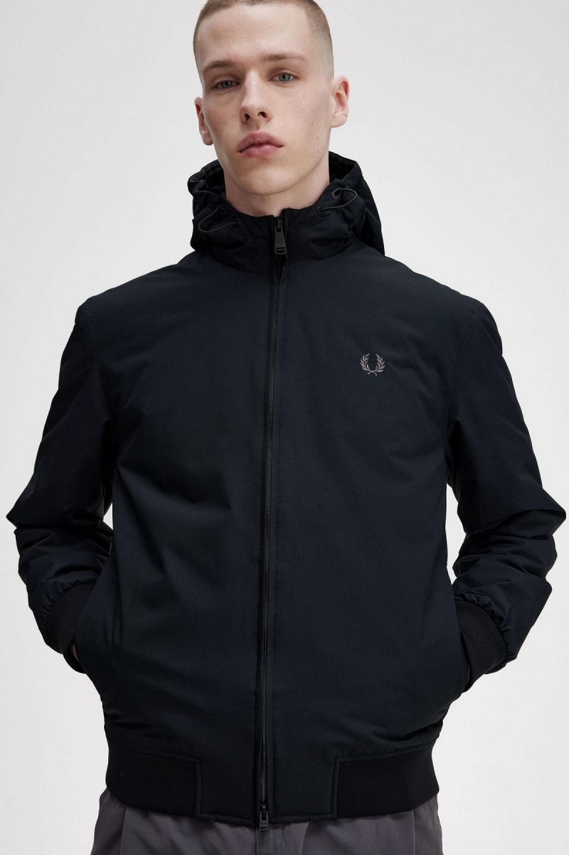 Black / Gunmetal Fred Perry Padded Hooded Brentham Men's Coats | SGJZR86367