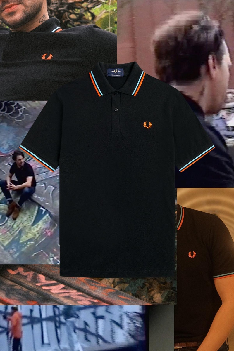 Black / Hamburg Sky Blue / Orange Spray Paint Fred Perry M12 Men's Polo Shirts | SGNEJ53655