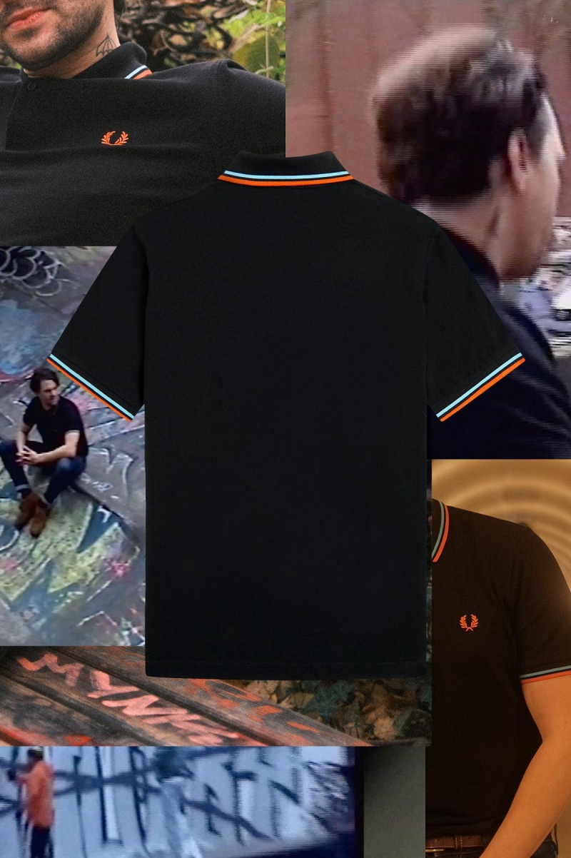 Black / Hamburg Sky Blue / Orange Spray Paint Fred Perry M12 Men's Fred Perry Shirt | SGEAH93243