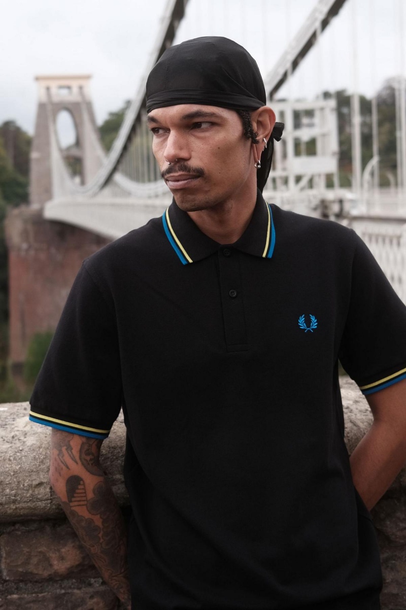 Black / Neon Green / Bristol Blue Fred Perry M12 Men's Polo Shirts | GSGUC41724