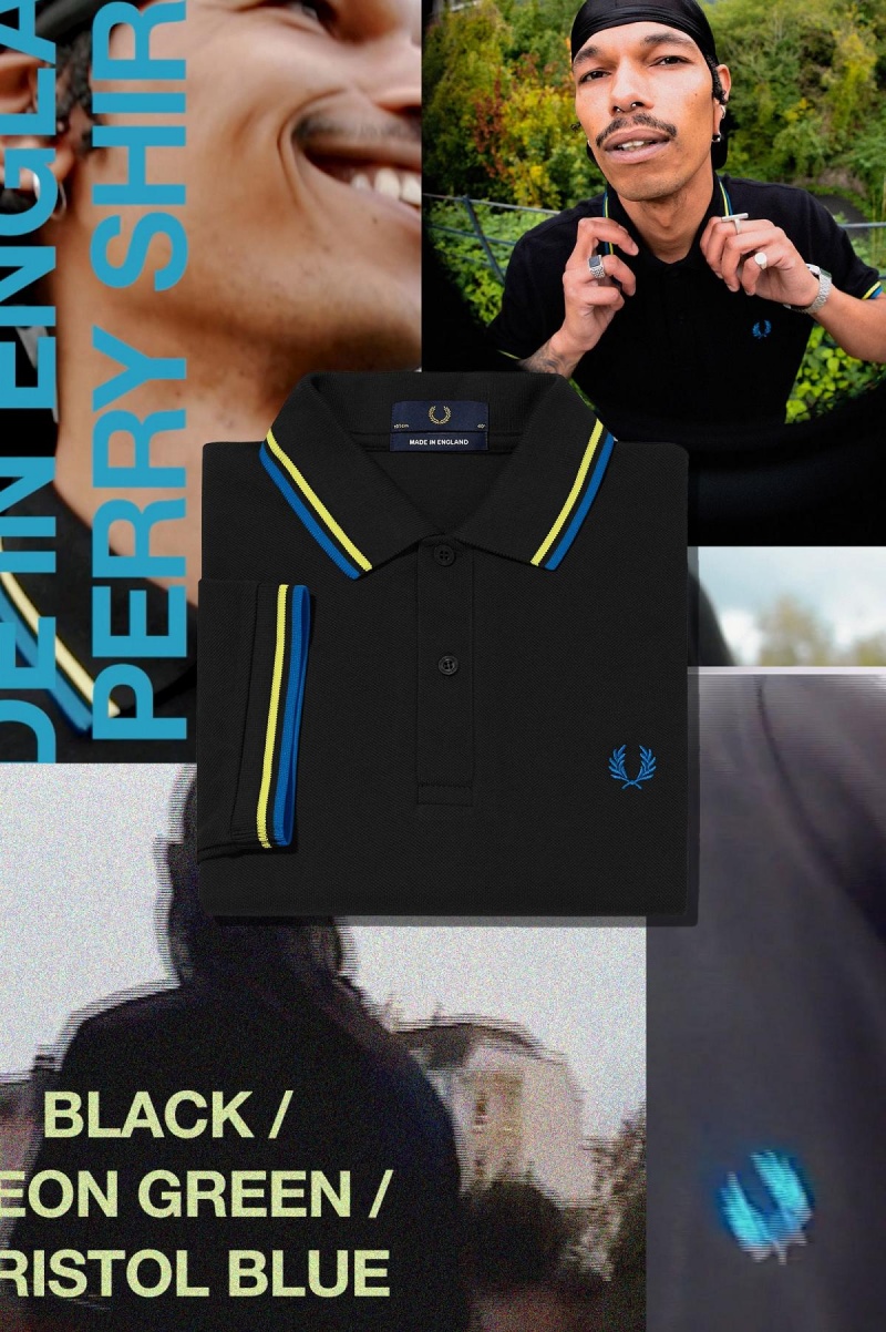 Black / Neon Green / Bristol Blue Fred Perry M12 Men's Polo Shirts | GSGUC41724