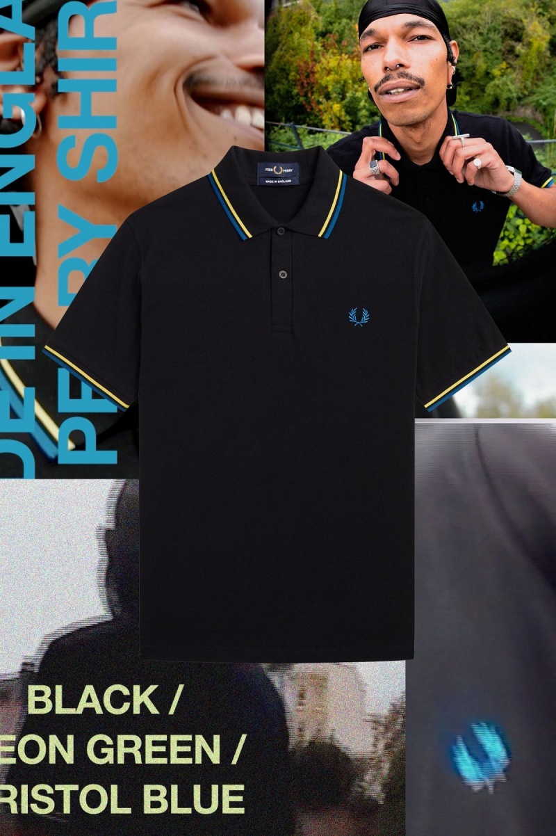 Black / Neon Green / Bristol Blue Fred Perry M12 Men's Polo Shirts | GSGUC41724