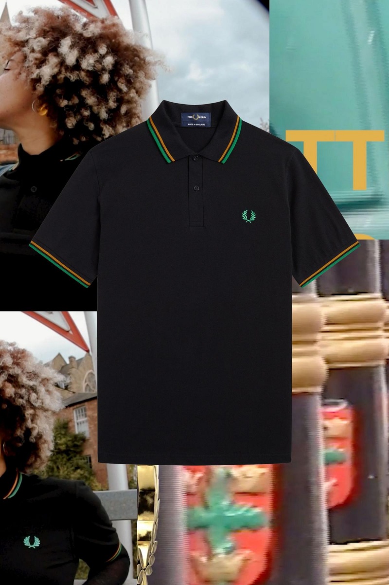 Black / Nottingham Gold / Forest Green Fred Perry M12 Men's Polo Shirts | SGZPD23246