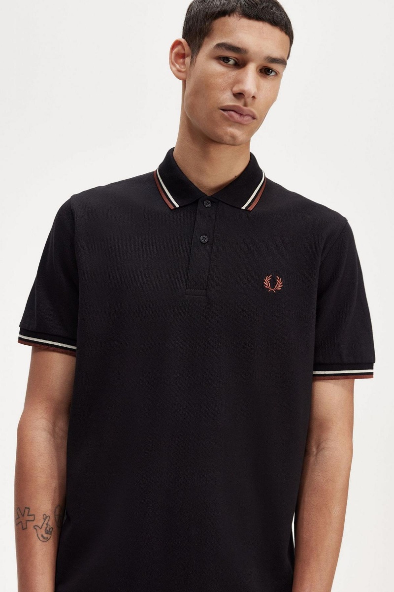 Black / Oatmeal / Whisky Brown Fred Perry M12 Men's Polo Shirts | FSGHY74598