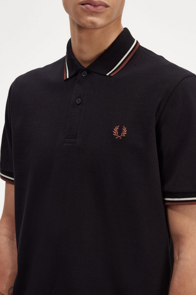 Black / Oatmeal / Whisky Brown Fred Perry M12 Men's Polo Shirts | FSGHY74598