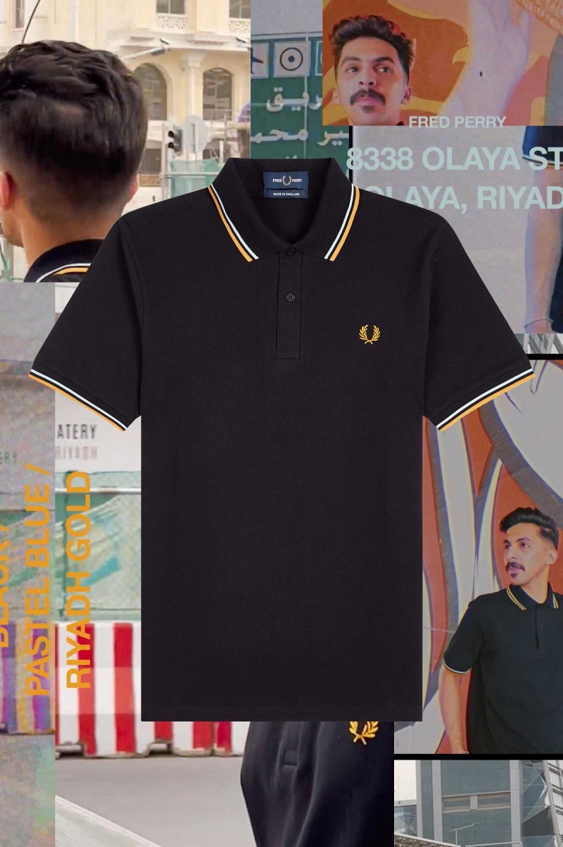 Black / Pastel Blue / Riyadh Gold Fred Perry M12 Men's Polo Shirts | SGJKU38608