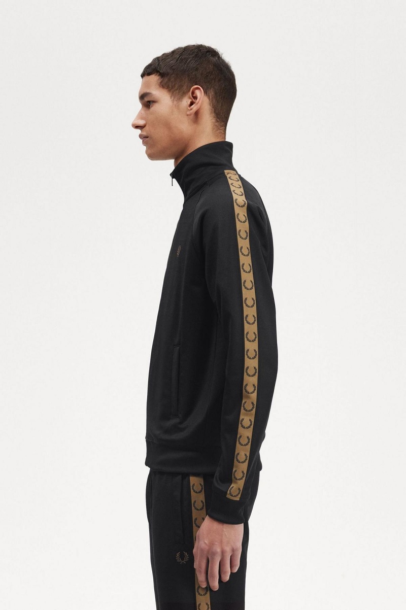 Black / Shaded Stone Fred Perry Contrast Tape Men's Track Jackets | GSGEC17800