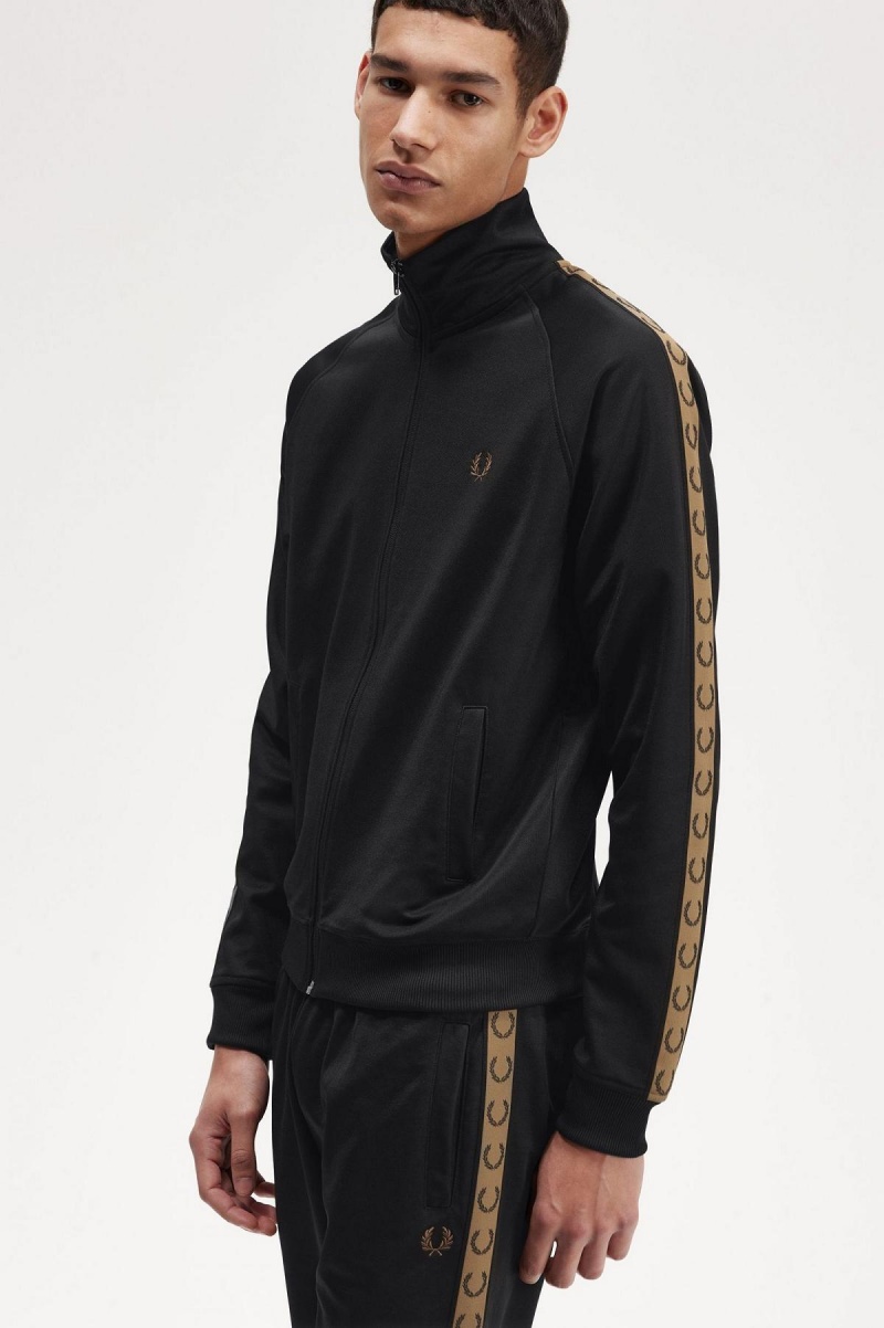 Black / Shaded Stone Fred Perry Contrast Tape Men's Track Jackets | GSGEC17800