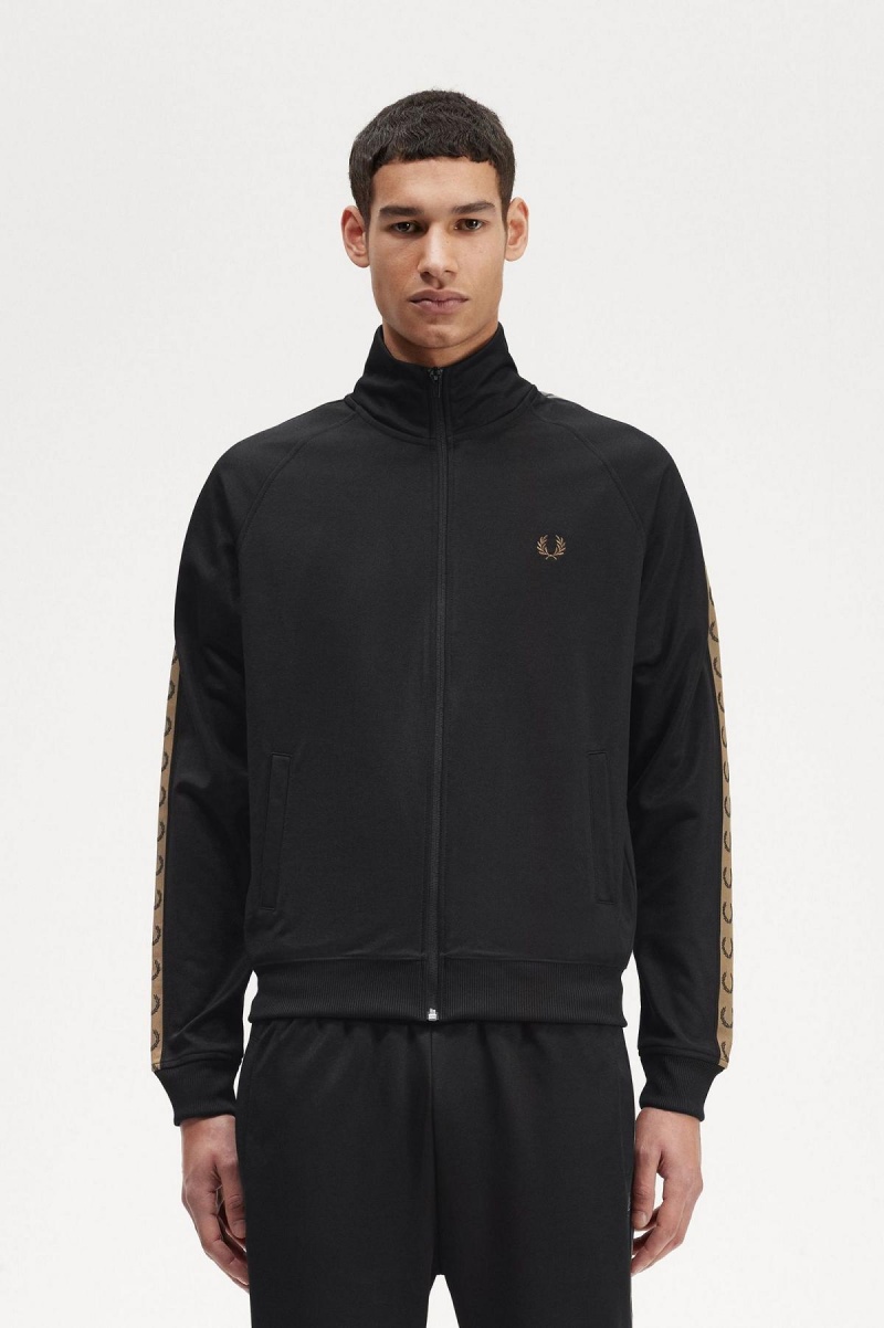 Black / Shaded Stone Fred Perry Contrast Tape Men\'s Track Jackets | GSGEC17800