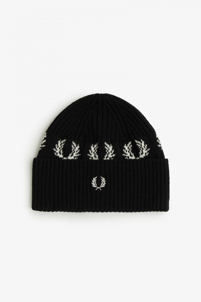 Black / Snow White Fred Perry Laurel Wreath Lambswool Accessories Beanie | LSGSX39649