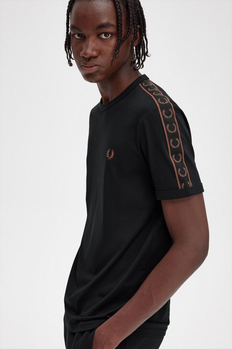 Black / Whisky Brown Fred Perry Contrast Tape Ringer Men's T Shirts | SGXMI21758