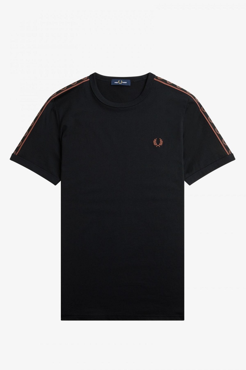 Black / Whisky Brown Fred Perry Contrast Tape Ringer Men's T Shirts | SGXMI21758