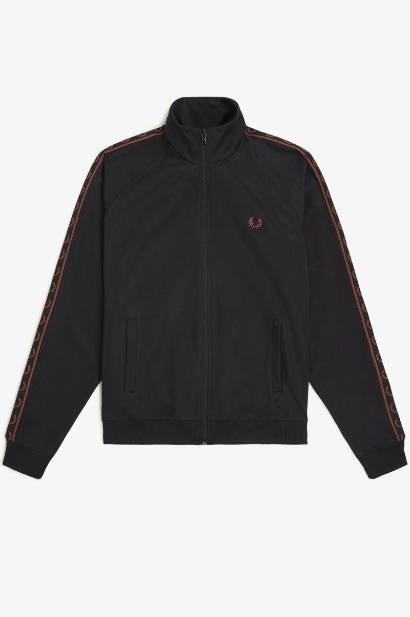 Black / Whisky Brown Fred Perry Contrast Tape Men\'s Track Jackets | SGZDE70749