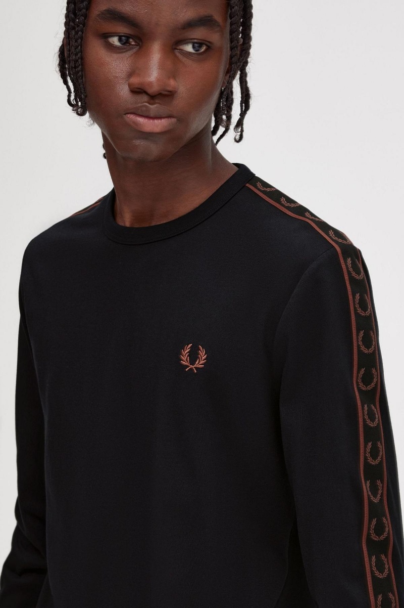 Black / Whisky Brown Fred Perry Taped Long Sleeve Men's T Shirts | GSGUC37748