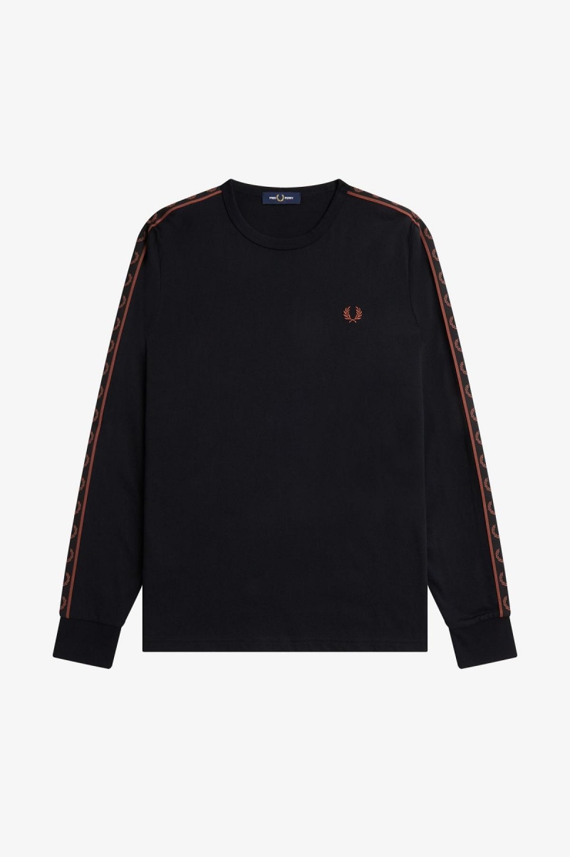 Black / Whisky Brown Fred Perry Taped Long Sleeve Men's T Shirts | GSGUC37748