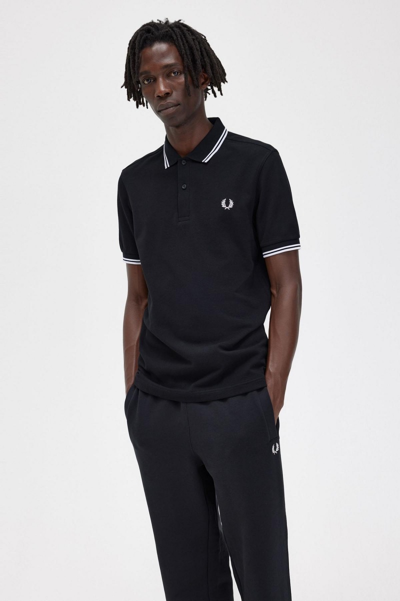 Black / White / White Fred Perry M3600 Men's Polo Shirts | SGIIZ35199