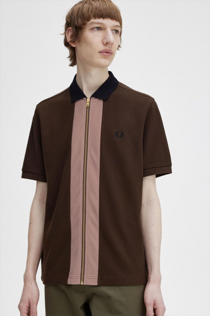 Burnt Tobacco Fred Perry Zip Through Polo Shirt Men's Polo Shirts | YSGVQ19877