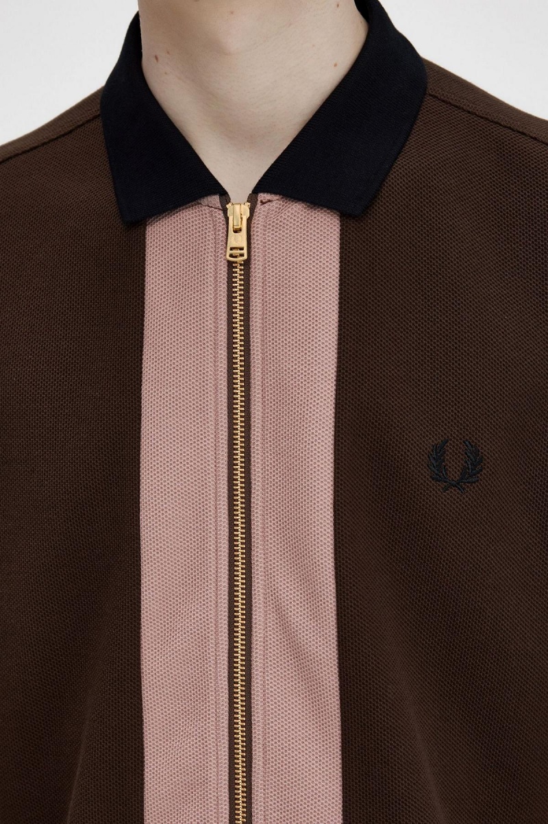 Burnt Tobacco Fred Perry Zip Through Polo Shirt Men's Polo Shirts | YSGVQ19877