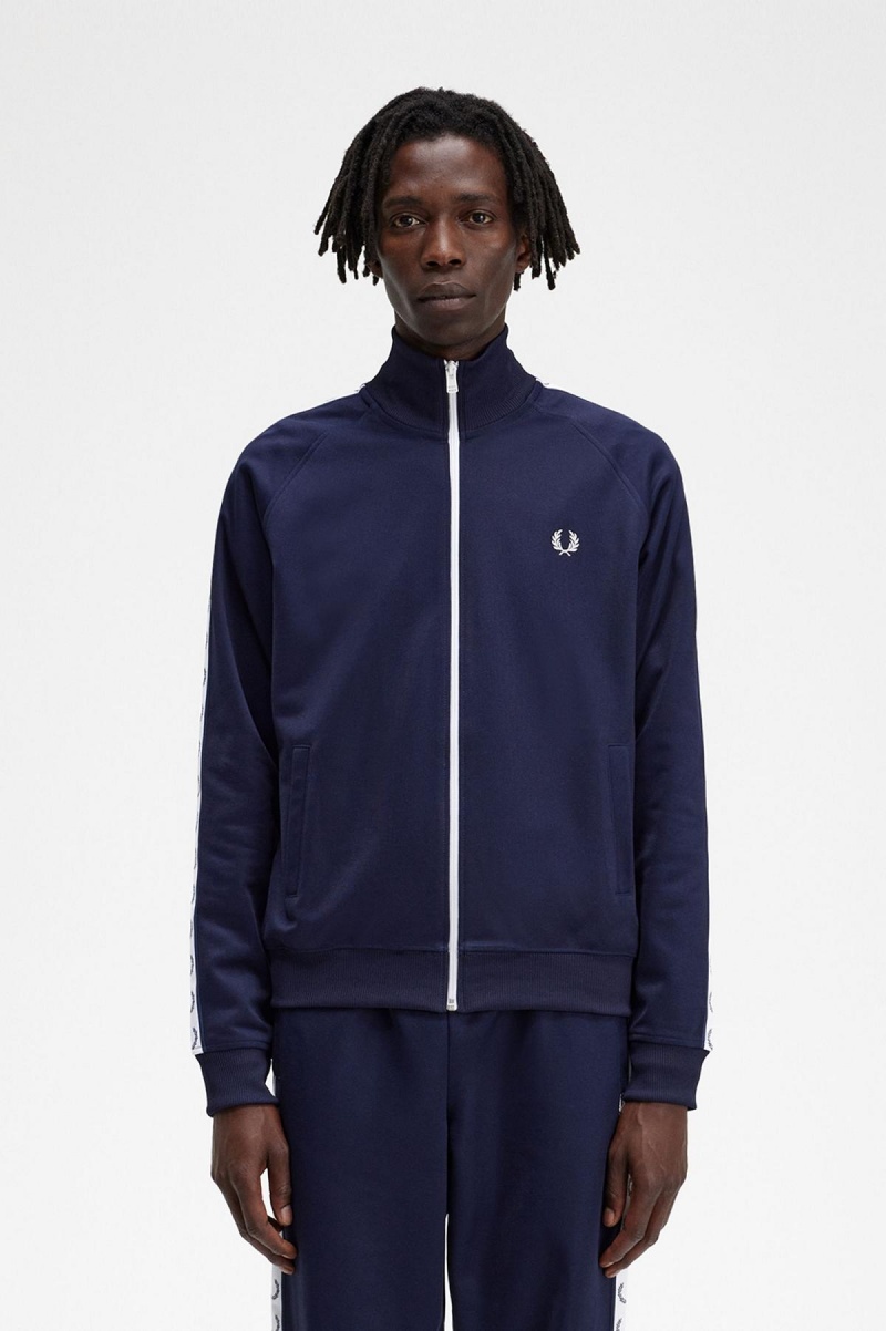 Carbon Blue Fred Perry Taped Men\'s Track Jackets | ASGDF64478