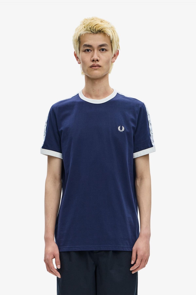 Carbon Blue Fred Perry Taped Ringer Men's T Shirts | BSGSO16392