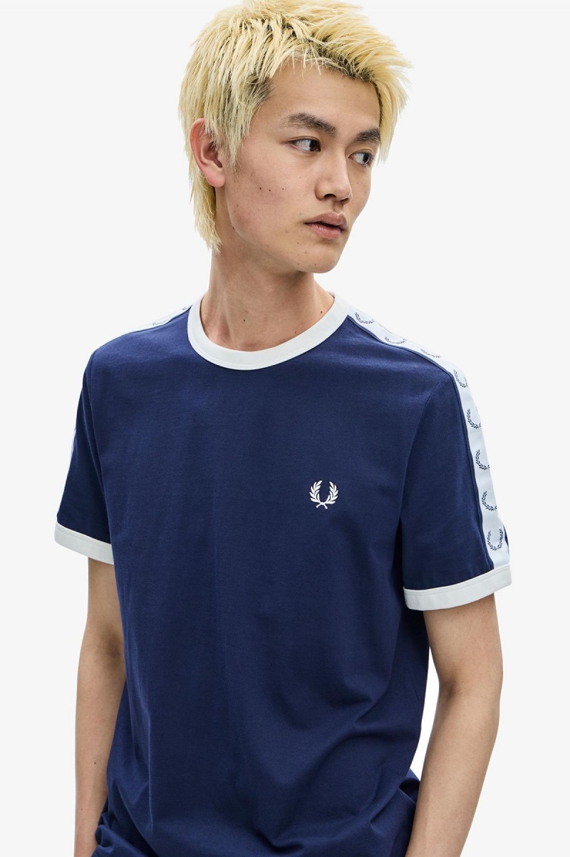 Carbon Blue Fred Perry Taped Ringer Men's T Shirts | BSGSO16392