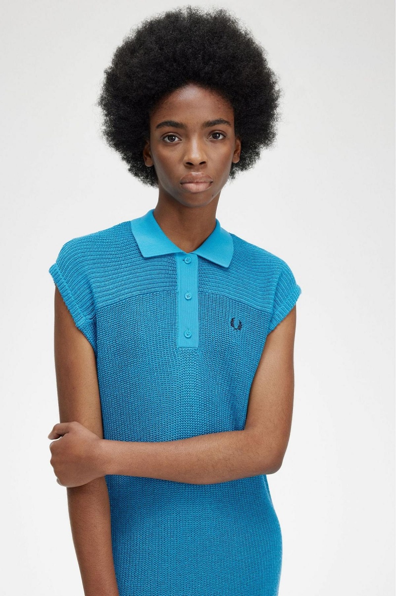 Cyber Blue Fred Perry Knitted Shirt Women's Dress | SGXBR19682