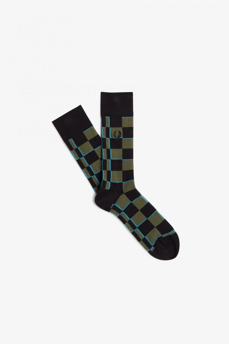 Cyber Blue / Black Fred Perry Glitch Chequerboard Accessories Socks | USGND48862