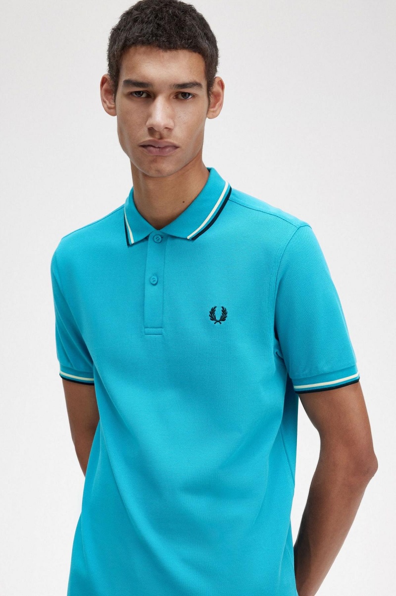 Cyber Blue / Ice Cream / Black Fred Perry M3600 Men's Polo Shirts | YSGVQ69346