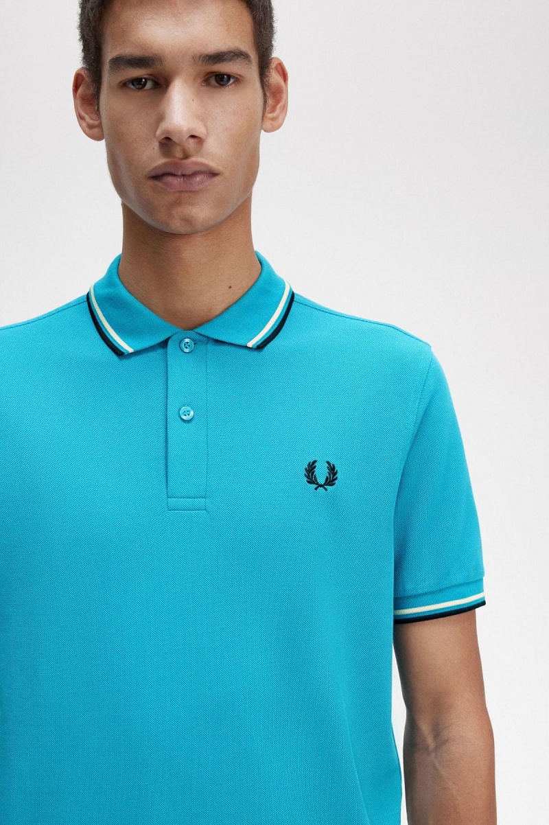 Cyber Blue / Ice Cream / Black Fred Perry M3600 Men's Polo Shirts | YSGVQ69346