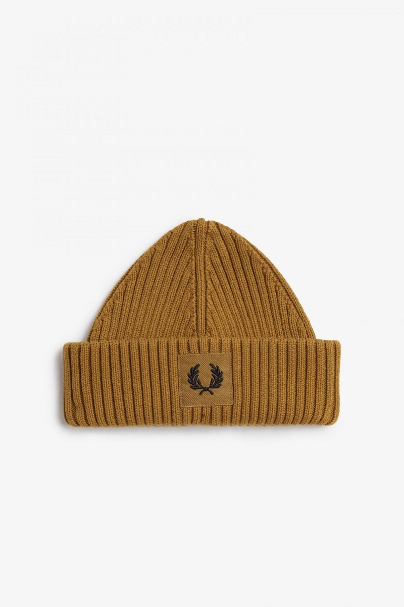 Dark Caramel / Black Fred Perry Branded Patch Ribbed Accessories Beanie | TSGPQ46615