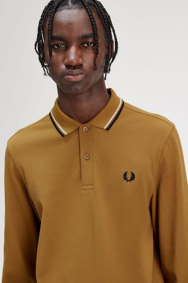 Dark Caramel / Oatmeal / Black Fred Perry M3636 Men's Polo Shirts | SGIIZ67427