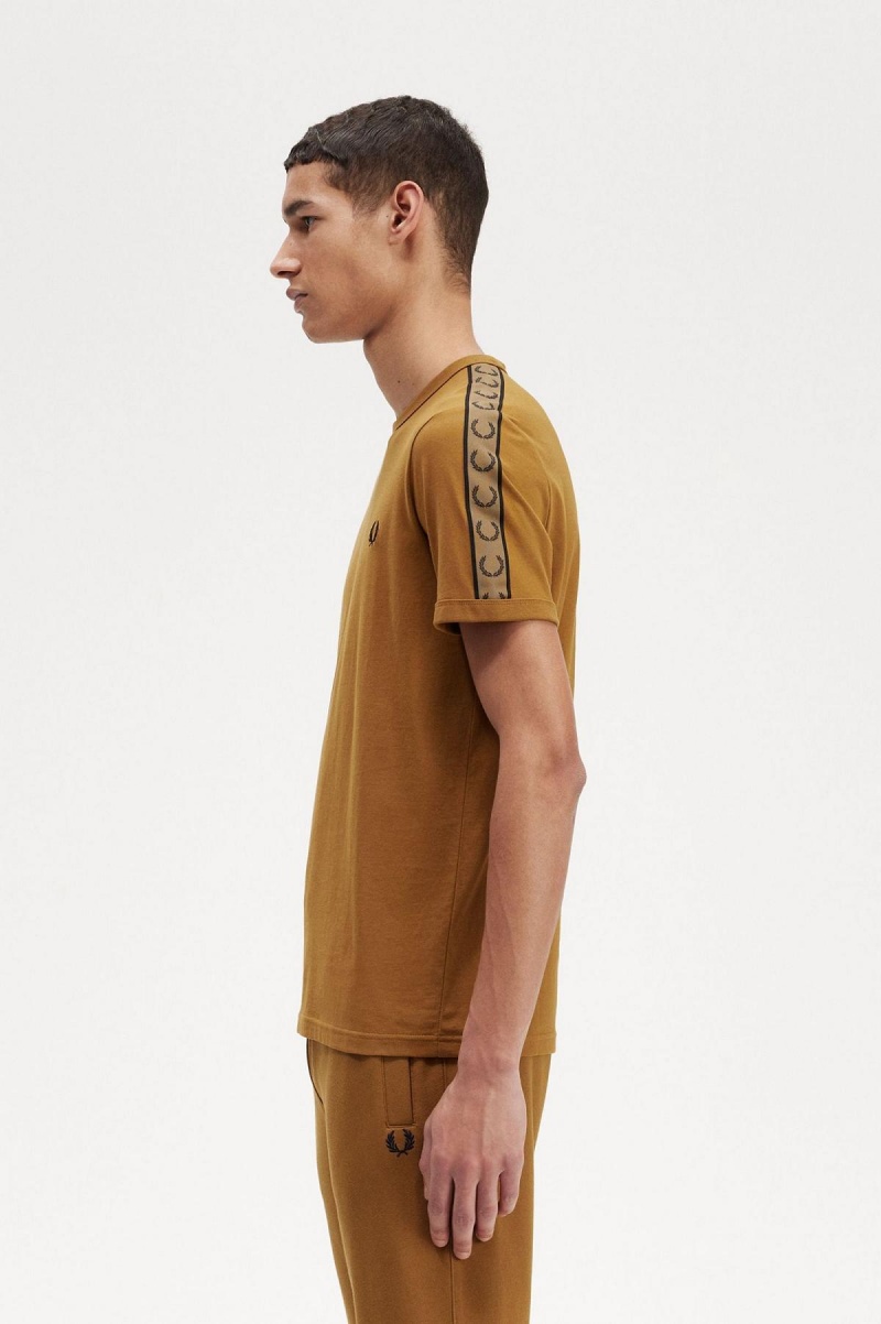 Dark Caramel / Shaded Stone Fred Perry Contrast Tape Ringer Men's T Shirts | PSGQX19700