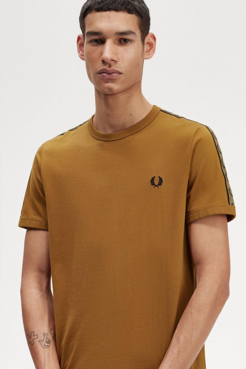 Dark Caramel / Shaded Stone Fred Perry Contrast Tape Ringer Men's T Shirts | PSGQX19700