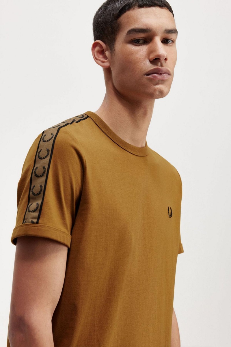 Dark Caramel / Shaded Stone Fred Perry Contrast Tape Ringer Men's T Shirts | PSGQX19700