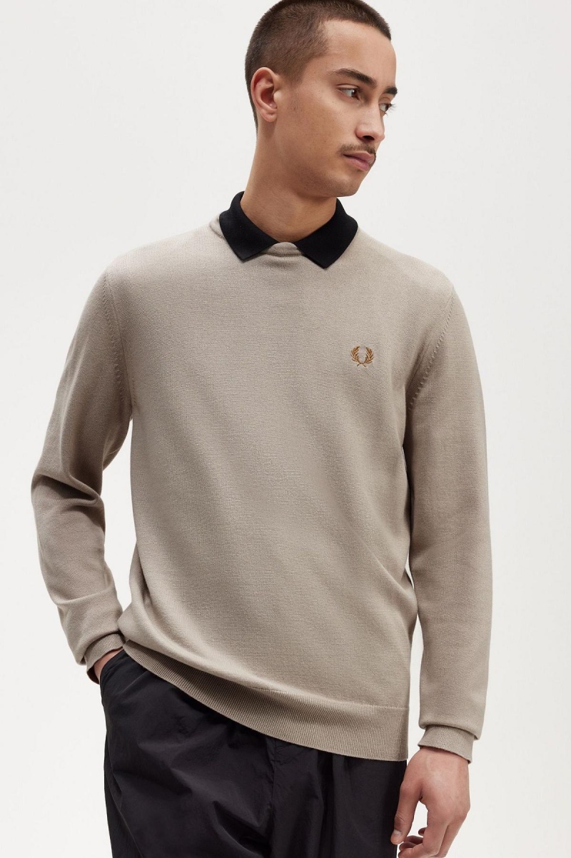 Dark Oatmeal Fred Perry Classic Crew Neck Jumper Men's Knitwear | SGICD36148