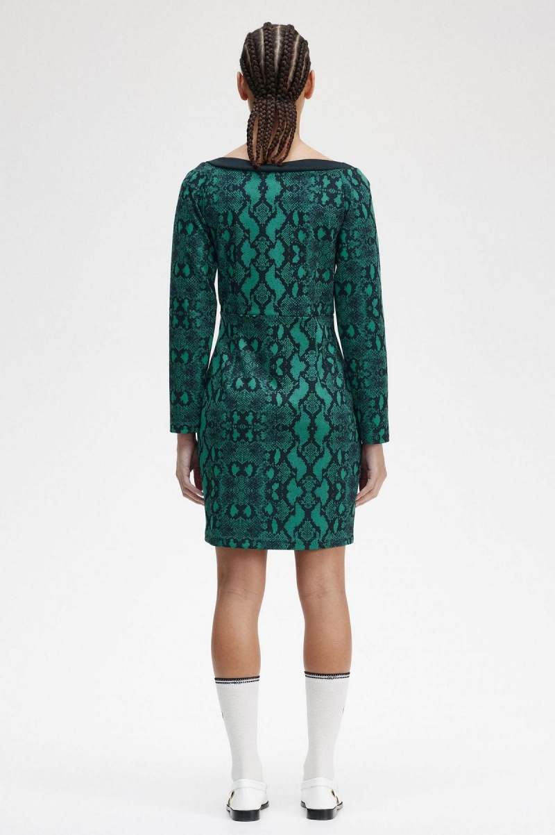 Deep Mint Fred Perry Off-the-Shoulder Snakeprint Women's Dress | SGEAH38629