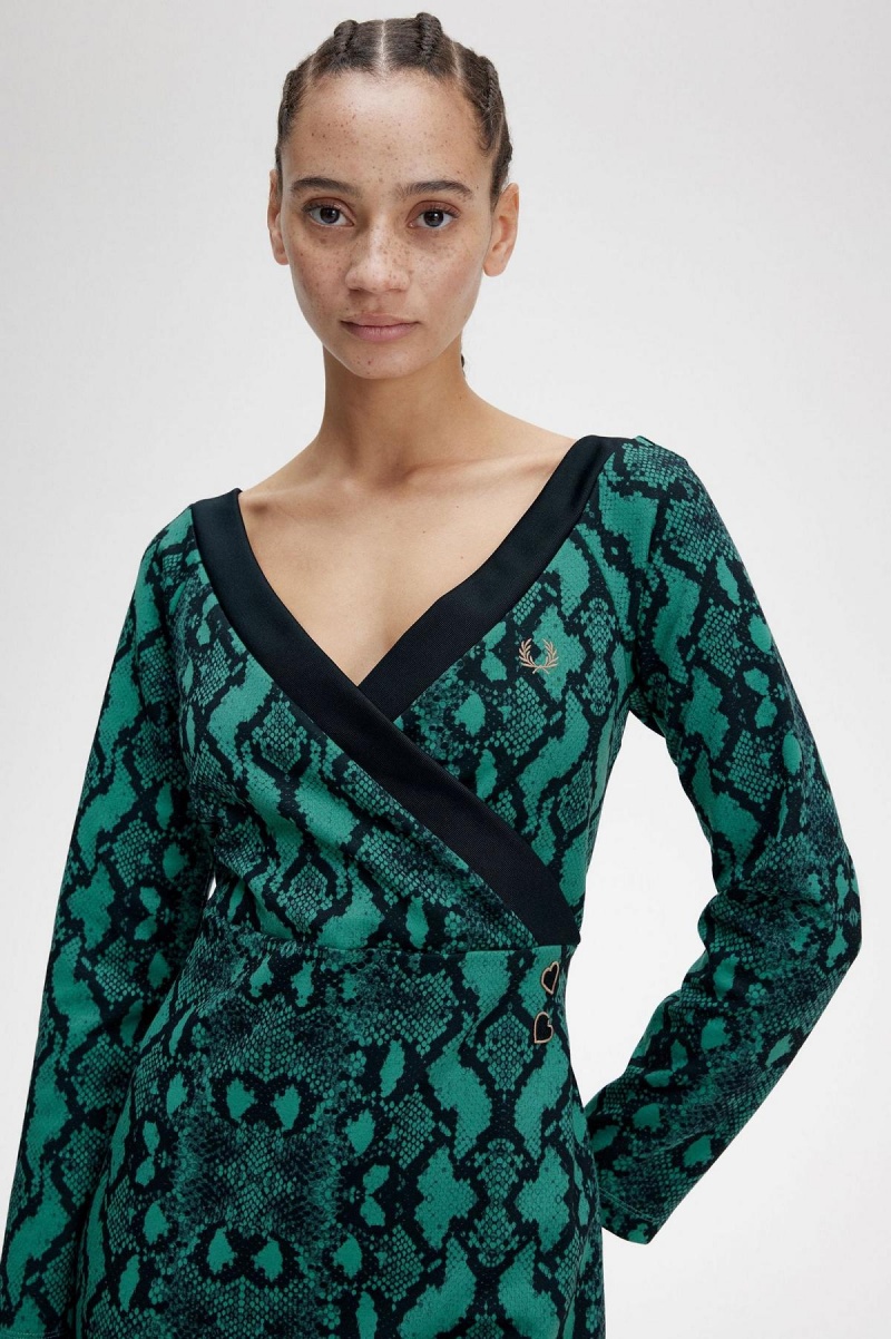 Deep Mint Fred Perry Off-the-Shoulder Snakeprint Women's Dress | SGEAH38629