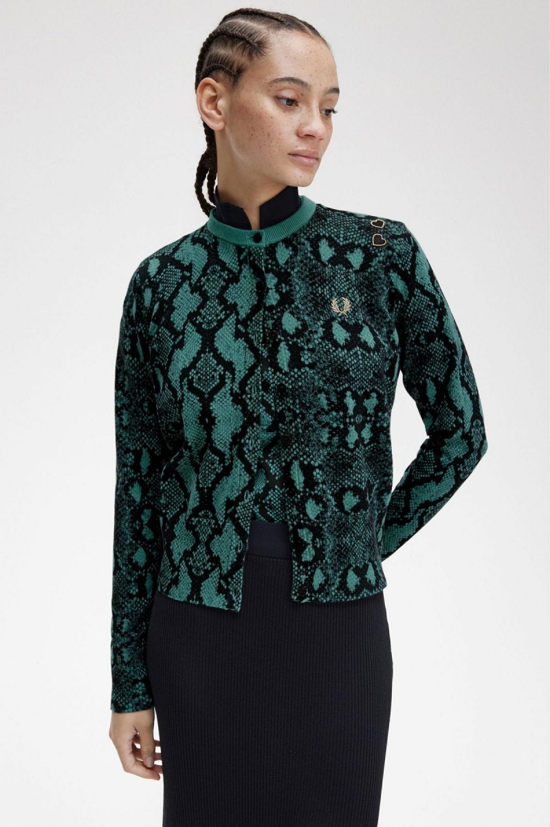 Deep Mint Fred Perry Snake Print Cardigan Women's Knitwear | GSGUC77454