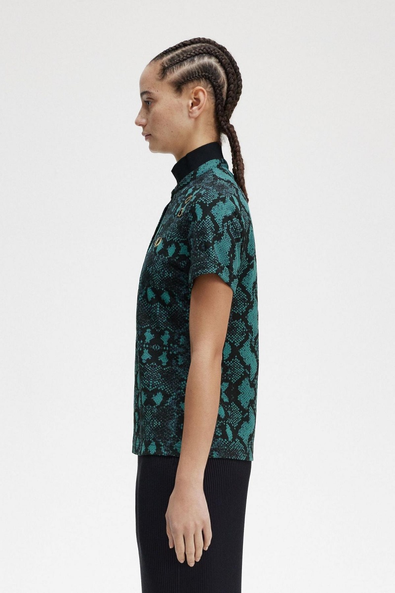 Deep Mint Fred Perry Snake Print Women's Polo Shirts | YSGVQ19170