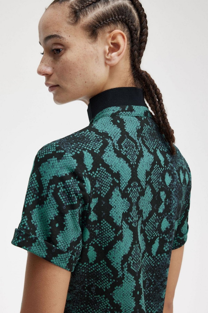 Deep Mint Fred Perry Snake Print Women's Polo Shirts | YSGVQ19170