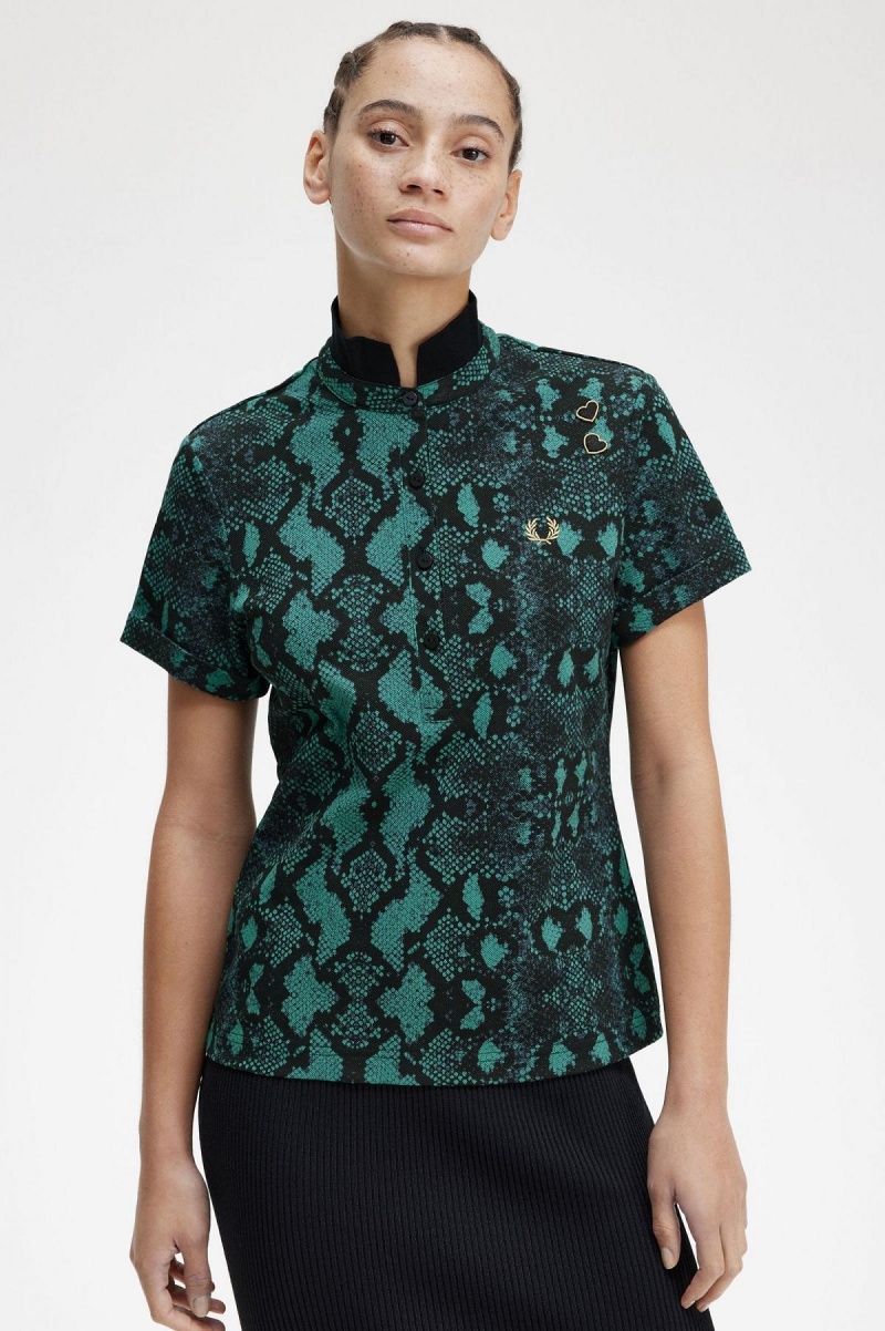 Deep Mint Fred Perry Snake Print Women's Polo Shirts | YSGVQ19170